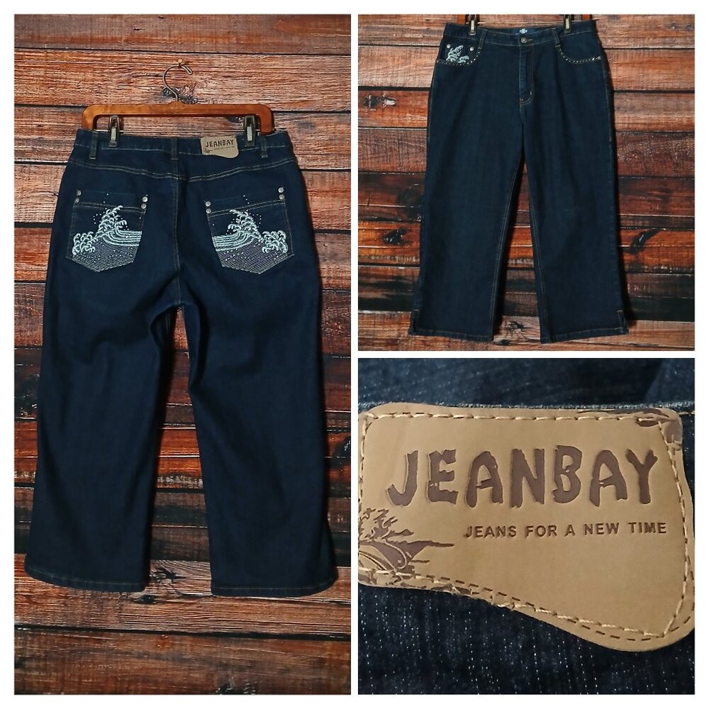 JeanBay Capri Jeans Plus Size 14 W Dark Ramie Denim Embroidered Wave